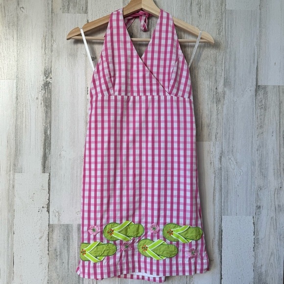 Lilly Pulitzer Kids Girls Pink White Gingham Flip FlopsFlower Dress Size 14